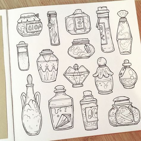 Johanna Forster on Instagram: "✨A collection of magic alchemy bottles. Do you have an idea for the second page with darker paper? 🤔 more bottles? Colored ones? Or ingredients? I passed my exams today 😍 greatest feeling! #magic #collection #bottles #alchemy #art #sketchbook #sketching #artist #freelancer #drawing #conceptart #illustration" Dungeons And Dragons Art Illustrations, Alchemy Bottles, Alchemy Art, Dungeons And Dragons Art, Stickers Magnets, Handmade Book, I Passed, Book Art Drawings, Freelance Illustrator