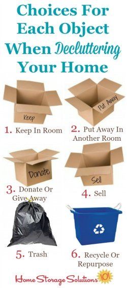 6 choices for each object when decluttering. Part of the how to declutter your home instructions on Home Storage Solutions 101. Casa Clean, Clutter Control, How To Declutter, Declutter Your Life, Home Storage Solutions, Home Organisation, Organize Declutter, Declutter Your Home, Home Storage