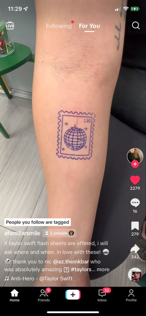 Disco Stamp Tattoo, Lowkey Taylor Swift Tattoos, Stamp Tattoo Taylor Swift, Taylor Swift 13 Tattoo Ideas, Concert Lover Tattoo, Taylor Swift Stamp Tattoo, Taylor Swift Small Tattoos, Tiny Disco Ball Tattoo, Ts Tattoos