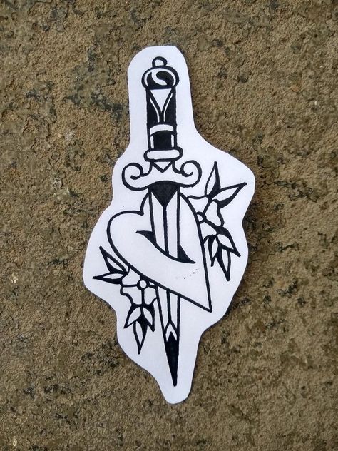 Traditional Knife Through Heart Tattoo, Carhartt Tattoo, American Traditional Knife Tattoo, Old School Knife Tattoo, Trad Dagger Tattoo, Traditional Card Tattoo, Traditional Tattoo Knife, American Traditional Knife, Knife Through Heart Tattoo