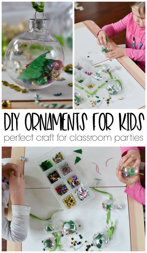 This is a great way for kids to make their own ornaments using clear ornaments. The perfect craft for Christmas classroom parties for preschool, kindergarten and first grade. Craft For Classroom, Classroom Winter Party, Kindergarten Christmas Crafts, Classroom Christmas Party, Ornaments Diy Kids, Craft For Christmas, Christmas Party Crafts, Kids Ornament, Making Ornaments