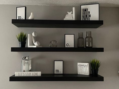 Wall shelves, Decor, Black, White, Gray, Decorate, Shelf Decor Bedroom Men, Black Shelf Aesthetic, Black Wall Shelf Decor, Black Floating Bookshelves, Floating Black Shelves Living Room, Black Shelf Decor Bedroom, Black Shelves Decor, Shelf Decor Men, Black Shelves Bedroom