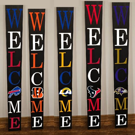 Since my Chiefs signs have been such a big hit, I decided to start making signs for all football teams. Available in my etsy store. https://huntshandicrafts.etsy.com Nfl Design, Making Signs, Porch Welcome Sign, How To Make Signs, Football Teams, Baltimore Ravens, Nfl Teams, Ravens, Sports Fan