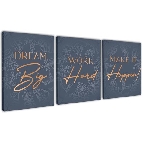 PRICES MAY VARY. LIVE INSPIRED - Dream Big, Work Hard, Make it Happen positive affirmations office wall art is a stunningly beautiful mix of design and inspiration! FRAMED CANVAS - Each 3 piece wall art poster is sized 12.5 x 15.2 inches and is ready to be hung. Versatile size allows for display wherever you need inspiration. BEAUTIFULLY DESIGNED - Featuring navy blue and gold colors with perfectly paired fonts and botanical elements, this motivational wall art will perfectly compliment any room Navy And Gold Office, Wall Decor For Office, Gold Office, Living Room Themes, Motivational Wall Decor, Inspirational Wall Decor, Living Room Restaurant, Wall Decor Quotes, Hanging Paintings