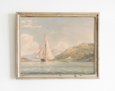 Vintage Boat Seascape Painting Digital Download Ocean - Etsy Australia Painting Ship, Painting Above Bed, Vintage Sailboat, Ocean Artwork, Vintage Boats, Ocean Landscape, Ship Paintings, Boat Painting, Wall Art Vintage