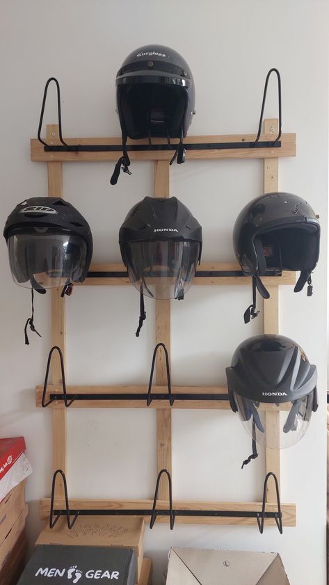 Helmet Storage Ideas Diy, Helm Cargloss Aesthetic, Ski Helmet Storage, Diy Motorcycle Helmet Rack, Helmet Storage Ideas At Home, Helmet Hanger Ideas, Snowmobile Helmet Storage, Bicycle Helmet Storage, Helmet Rack Ideas