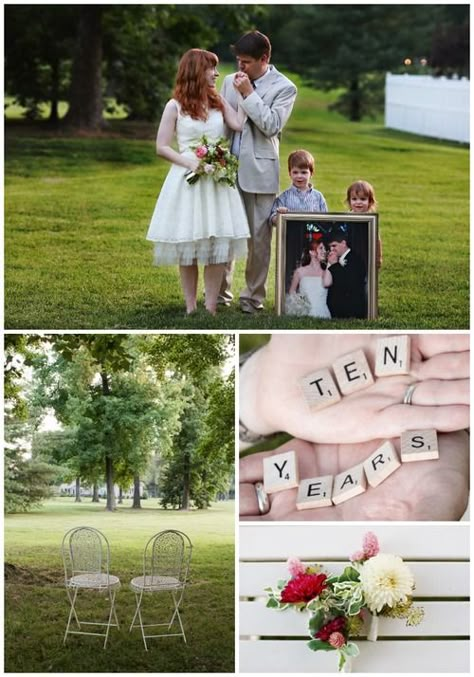 10th Anniversary Vow Renewal...I like the picture of the couple posed the same way as the framed wedding photo that the children are holding up 10th Anniversary Idea, Anniversary Vow Renewal, 40th Anniversary Party, Ten Year Anniversary, Renewal Wedding, Vow Renewal Ceremony, Wedding Renewal Vows, Anniversary Pictures, 10th Wedding Anniversary