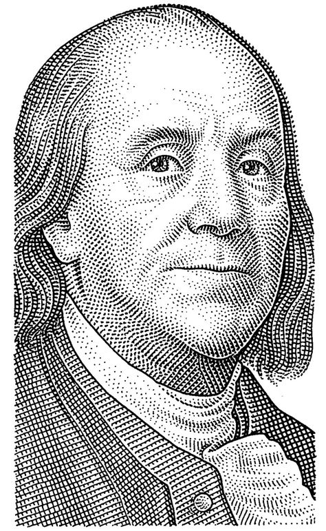 Benjamin Franklin hedcut by Bill Hallinan Ben Franklin Tattoo, Benjamin Franklin Tattoo, Benjamin Franklin Tattoo Stencil, Benjamin Franklin Drawing, Boog Tattoo, Halftone Illustration, Benjamin Franklin Dollar, Autobiography Of Benjamin Franklin, Vintage Typography Design