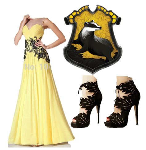 Hufflepuff dress/ Yulla Ball Hufflepuff Wedding Dress, Black And Yellow Dress, Hufflepuff Dress Yule Ball, Yule Ball Outfits Hufflepuff, Yule Ball Hufflepuff, Hufflepuff Yule Ball Gowns, Yule Ball Dress Hufflepuff, Hufflepuff Robes Aesthetic, Yule Ball Dress Aesthetic