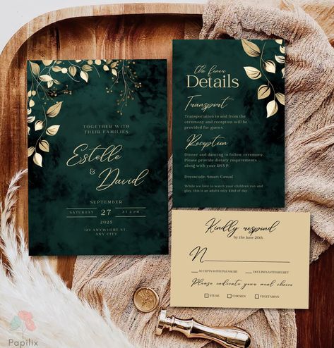 This wedding invitation captures the essence of elegance with its rich emerald green and luxurious gold accents, making it perfect for a sophisticated botanical-themed wedding. The dark green background, adorned with delicate gold floral illustrations, creates a striking contrast that exudes class and charm. The modern typography adds a touch of contemporary flair, ensuring your wedding stationery stands out beautifully. TRY BEFORE YOU PURCHASE Copy the link and paste it into your browser.   DEM