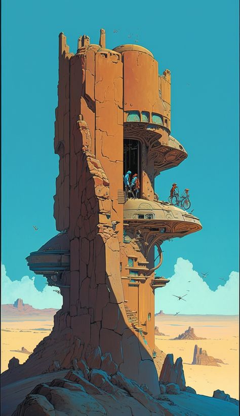 Surreal Sci Fi Art, Sci Fi Desert Concept Art, Futuristic Environment Concept Art, Moebius Architecture, Flow State Art, 90s Sci Fi Aesthetic, Science Fiction Landscape, Sci Fantasy Art, Solarpunk Desert