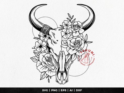 Bull Skull Floral Tattoo, Western Tattoo With Flowers, Bull Skull Flower Tattoo, Bull Skull Illustration, Cow Skull Illustration, Cow Skull Drawing With Flowers, Cow Skull With Flowers Tattoo, Cow Skull Tattoo Flowers, Bull Skull Tattoo With Flowers