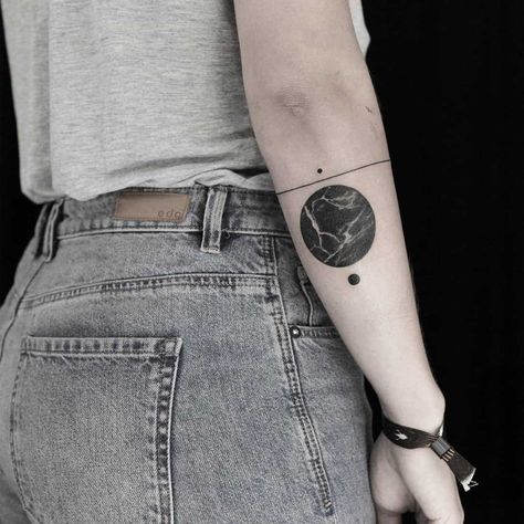 Black marble circle tattoo by Aga Kura inked on the right forearm Marble Tattoo, Luna Tattoo, Round Tattoo, Circle Tattoo, Circle Tattoos, Cool Arm Tattoos, Cover Up Tattoo, Tattoo Placement, Moon Tattoo