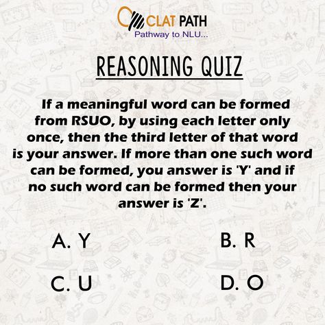 Reasoning Quiz - CLAT PATH- Pathway to NLU 🤘 #exam #onlinepreparation #lawentrance #legal #law #coaching #experts #mentors #expertguidance #examprep #clatpath Exam Prep, Meaningful Words, Coaching, Quick Saves