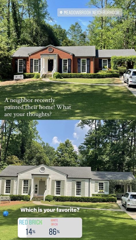 Brick Rancher Remodel, Ranch Home Makeover, Rancher Home Remodel, White Brick Ranch, 50s Ranch House Exterior, White Brick Ranch House Exterior, Painted Brick Ranch House, Brick Ranch House Exterior, 1950s Ranch House Exterior