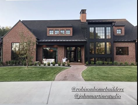 Dark House With Brick, Black House With Red Brick, Red Brick And Black House, Brick And Black House, Red Brick House With Black Windows, Red Brick Black Siding, Brick Exterior With Black Windows, Brick House Black Roof, Red Brick And Black Exterior