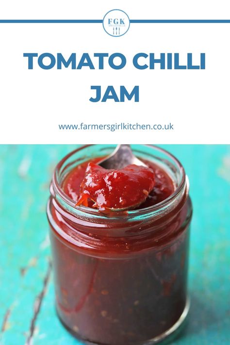 Tomato Chilli Jam is sweet and spicy, packed with ripe tomatoes, chillies and garlic. It's easy to make and makes a great gift. Tomato And Chilli Chutney Recipes, Chilli Tomato Chutney, Tomato And Chilli Jam, Tomato Chilli Relish, Tomato Chilli Jam Recipe, Chilli Jam Recipe, Spicy Relish, Chilli Chutney Recipes, Tomato Chilli Jam