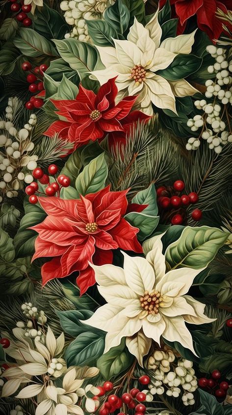 Christmas Floral Wallpaper, Christmas Flower Wallpaper, Winter Flower Wallpaper, Christmas Flowers Wallpaper, Christmas Flowers Background, Christmas Decoupage Paper, Christmas Designs Pattern, Vintage Christmas Botanicals, Christmas Floral Illustration