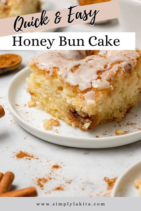 This Honey Bun Cake Recipe is a sweet and buttery cake that is easy to make, plus it's fluffy and delicious. It contains everything that you love about cinnamon rolls transformed into cake form. simplylakita.com #honeybuncake Cinnamon Honey Bun Cake, Honeybun Cake Recipe Easy, Honey Bun Cake With Box Cake, Honey Bun Recipe, Dutch Honey Cake, Honey Recipes Dessert, Honeybun Cake Recipe, Honey Bun Cake Recipe, Bun Cake Recipe