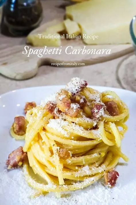 Spaghetti Carbonara Traditional Recipe | Italian Spaghetti alla Carbonara Roman Carbonara Recipe, Carbonara With Guanciale, Italian Pasta Carbonara, Roman Pasta Recipes, Homemade Carbonara Pasta, Carbanora Recipe, Guanciale Carbonara, Guanciale Recipes, Carbonara Guanciale