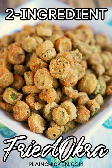 2-Ingredient Fried Okra - my favorite vegetable! SO simple to make and tastes great. I can eat the whole batch of this yummy, crunchy okra. My absolute favorite! Ready to eat in about 10 minutes. Can use fresh or frozen okra. Great for all your summer cookouts! #okra #southern #sidedish #vegetable Fried Orka, Fried Okra, Okra Recipes, Plain Chicken, Comfort Food Southern, Weekly Meal Plan, 2 Ingredient, Side Recipes, Veggie Dishes