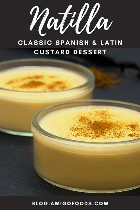 Natilla is a custard dessert theorized to be developed by nuns. It is made with eggs, milk, sugar, cinnamon, and vanilla, and while it is similar to flan, it does not have a caramel topping. All countries have variations of this popular recipe using different ingredients. #spanishfood #spain #dessert #natilla #custard #amigofoods Mexican Custard Desserts, Puerto Rican Christmas Desserts, Natilla Recipe Cuban, Cuban Natilla Recipe, Mexican Vanilla Recipes, Mexican Dessert Recipes Authentic, Mexican Custard, Spanish Desserts Easy, Natillas Recipe