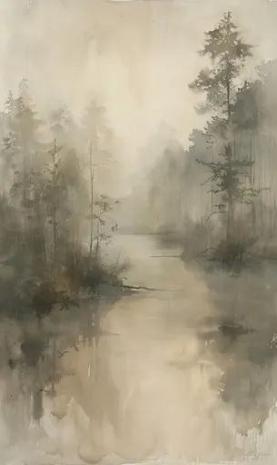 ↑↑↑ Larger size on website 🔸 The image is a watercolor painting depicting a serene lakescape. A misty, ethereal atmosphere envelo 🔸 From Midjourney AI Image Misty Landscape Photography, Misty Watercolor Paintings, Ethereal Watercolor, Pale Background, Misty Dawn, Misty Forest, Muted Tones, Watercolor Inspiration, Abstract Nature