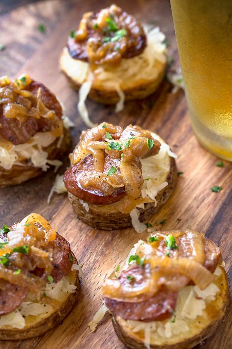 Sausage Halloween Food, Braised Onions, Oktoberfest Recipes, German Appetizers, Oktoberfest Menu, Octoberfest Party, Food Glorious Food, German Food Authentic, Potato Stacks