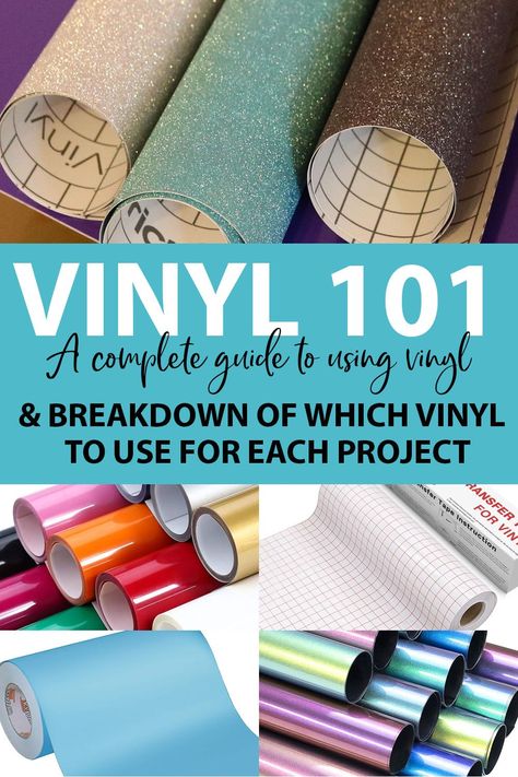 Everything you need to know about adhesive and heat transfer vinyl for your Cricut or Silhouette. Learn which vinyl is best for each project and how to use it. Cricut Vinyl Uses, What Vinyl To Use For What, Best Permanent Vinyl For Cricut, Self Adhesive Vinyl Projects, Best Vinyl For Shirts, Cricut Permanent Vinyl Projects, Permanent Vinyl Projects, Adhesive Vinyl Projects, Silhouette Cameo Projects Vinyl