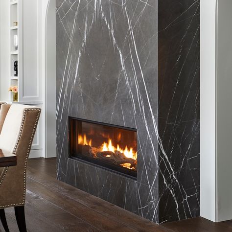 Gray Marble Fireplace Wall, Tall Marble Fireplace, Modern Floor To Ceiling Fireplace, Dramatic Fireplace Wall, Black Porcelain Fireplace, Marble Wall Fireplace, Statement Fireplace Wall, Fireplace Cover Ideas, Marble Fireplace Wall