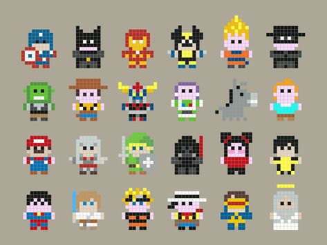 minimal pixel heroes pixel-art heroes 8-bit mario batman superman goldorak link darth vador dragonball Micro Pixel Art, Mini Pixel Art, Image Pixel Art, Modele Pixel Art, Hamma Beads Ideas, Pixel Characters, Melty Bead Patterns, Easy Pixel Art, Art Perle