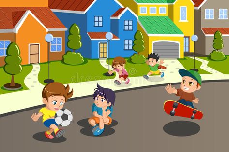 Kids Playing in the Street of a Suburban Neighborhood Stock Vector - Illustration of ball, city: 34144342 Language Activities Preschool, When Is Fathers Day, Trooping Of The Colour, Suburban Neighborhood, House Cartoon, City Drawing, Art Calendar, Street Kids, Scene Kids