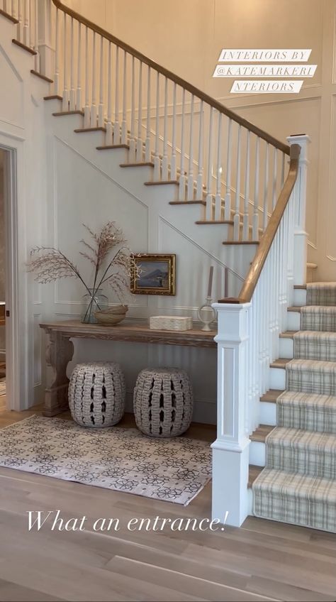 Center Stairs Interior Design, Entry Way Picture Ideas, Home Entrance With Stairs, Staircase Colors Ideas, Stairway Molding Ideas, Small Hall Stairs And Landing Decor, 2 Story Entryway Ideas, 2 Story Foyer Ideas Entryway, Entrance With Stairs