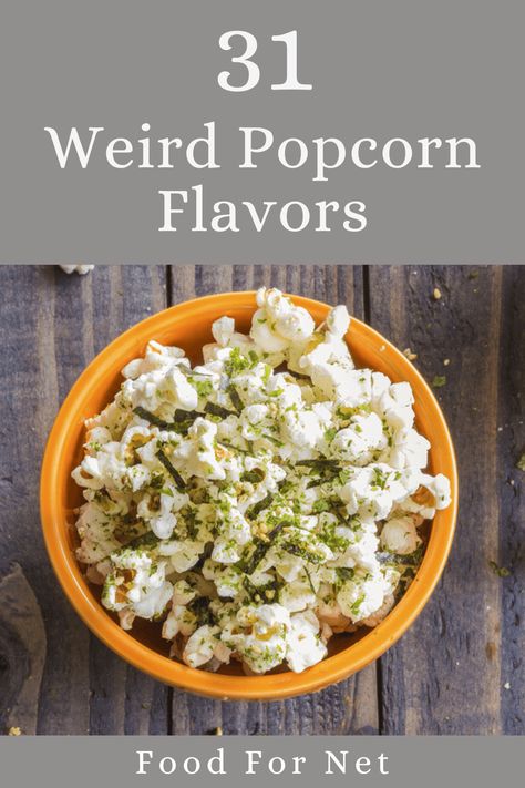 Popcorn isn't always predictable. There are some weird popcorn flavors out there too, including the 31 on this list. #popcorn #gourmet Puff Popcorn Recipes, Popcorn Flavoring Recipes, Savory Popcorn Balls, Savoury Popcorn Recipes, Popcorn Flavor Recipes, Fancy Popcorn Recipes, Pumpkin Spice Popcorn, Unique Popcorn Recipes, Savoury Popcorn