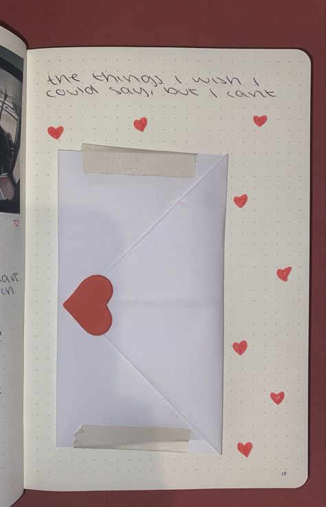 Diy Heart Letter, Cute Love Letters Ideas, Write Love Letters Ideas, Love Envelope Ideas, Wish Book Ideas, Journal Page Ideas Coquette, Envelope In Journal, Love Letter Scrapbook Ideas, Love Letters Journal