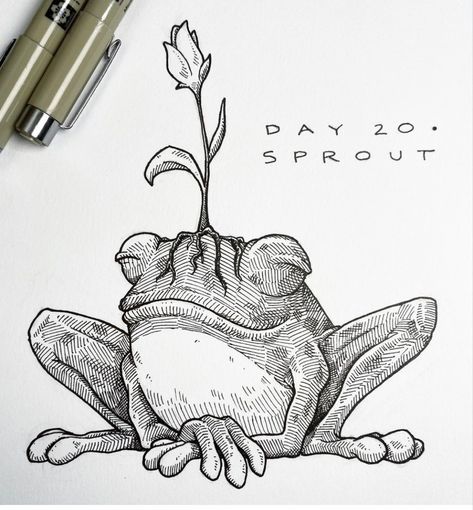 Unique Drawings Creative Sketch, Drawing Frogs, Cameo Tattoo, Ink Pen Art, Kunst Tattoos, Frog Drawing, Pen Art Drawings, Frog Art, Tattoo Art Drawings