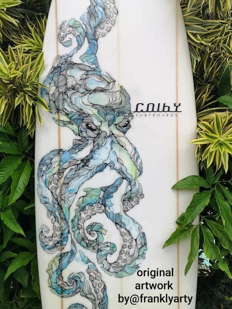 Octopus Surfboard Art, Surf Boards, Surfboard Art, Art Watercolour, Deep Ocean, Surf Art, Ocean Life, Board Ideas, Surfboard