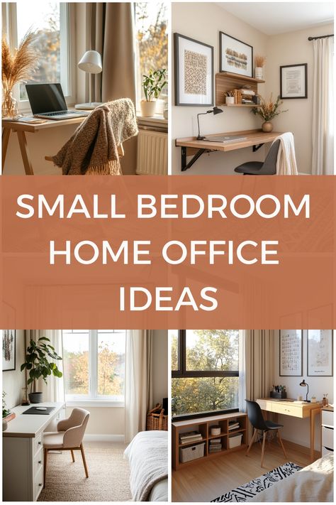 Small bedroom home office with minimalist desks, cozy decor, and natural lighting. Work From Home Small Space Ideas, Cute Home Office Ideas Small Spaces, Small Home Desk Ideas, Small Office Aesthetic, Small Desk Area In Living Room, Home Office Small Space Bedrooms, Home Office Space In Bedroom, Bedroom With Office Space Layout, Small Office Ideas In Bedroom