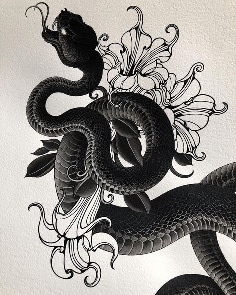 Japanese Art Illustrations, Alexander Grim, Snake Tattoos, Snake Tattoo Design, Snake Art, Abstract Pattern Design, Tattoo Style Drawings, Dark Art Tattoo, Modern Tattoos