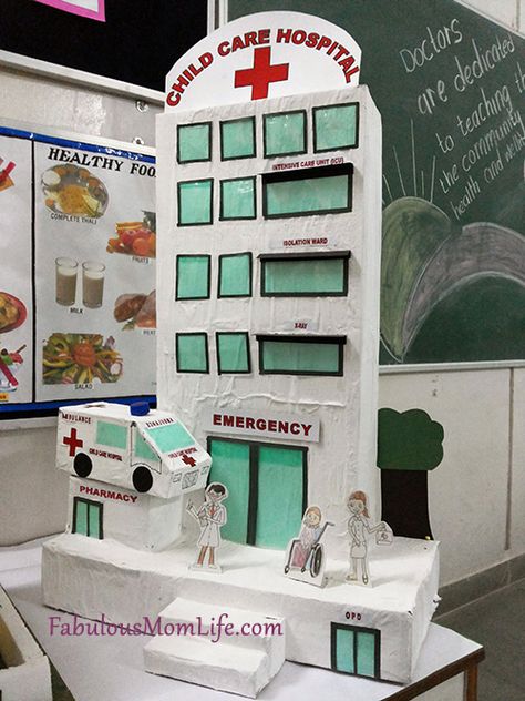 Our cardboard hospital model displayed at the Health themed School Exhibition Cardboard Hospital, Hospital Model, Cardboard Box Houses, Theatre Decorations, Diy Valentines Box, School Exhibition, Hospital Building, School Kids Crafts, Cardboard Box Crafts