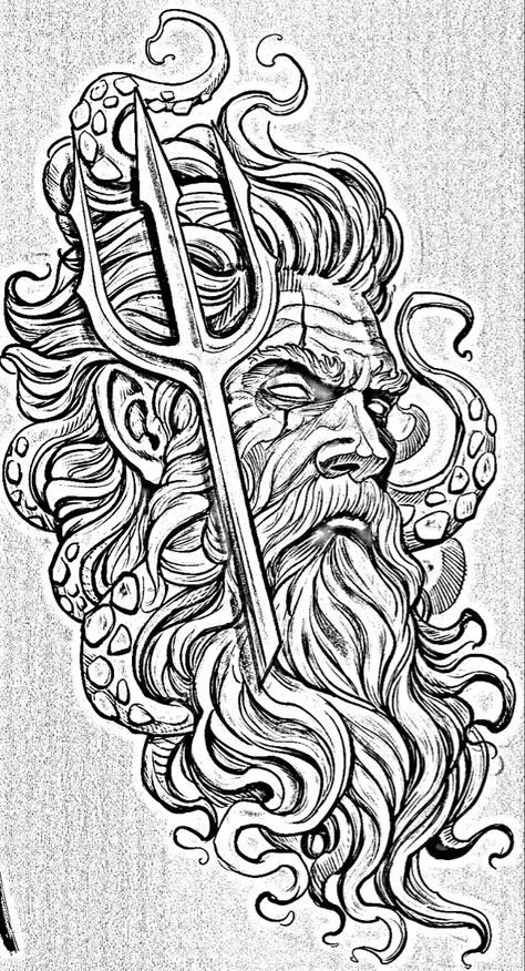 Posideon Art, Poseidon With Trident Tattoo, Posiden Drawings, Dionysus Tattoo Greek Mythology, Neptune Tattoo Poseidon, Posiden Trident Tattoo, King Neptune Tattoo, Olympus Tattoo, Poseidon Tattoo Design