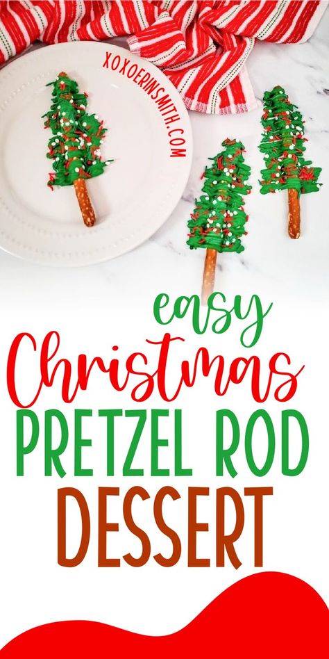 easy Christmas dessert using pretzel rods. Christmas Pretzel Rods, Pretzel Trees, Chocolate Covered Pretzels Christmas, Christmas Themed Desserts, Christmas Pretzel, Holiday Themed Desserts, Xmas Cookies Recipes, Easy Christmas Dessert, Easy Christmas Cake Recipe