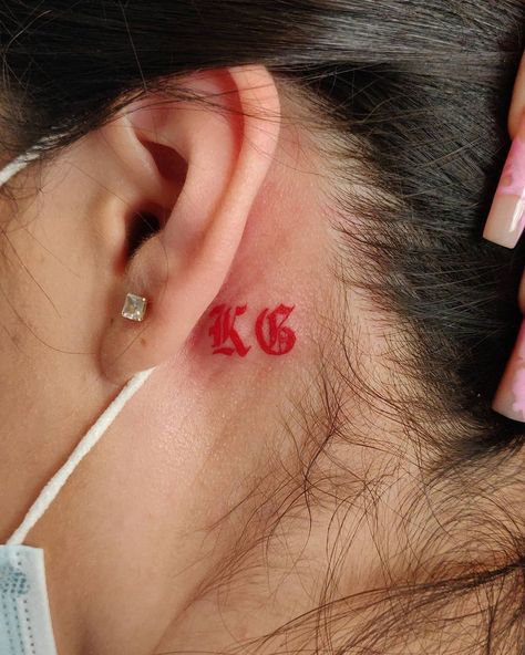 Old English Tattoo Ideas Women, Red I K Tattoo, Initial Neck Tattoo, Red Ink Letter Tattoo, Neck Tattoo Initials, Red Ink Font Tattoo, Old English K, Initials Tattoo, Old English Tattoo