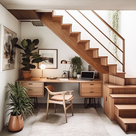 Small Space Under Stairs Ideas, Desk Under Stairs, Office Under Stairs, Office Interior Design Creative, Small Space Stairs, Under Stairs Storage Ideas, Stairs Storage Ideas, Space Under The Stairs, Under Stairs Storage Solutions