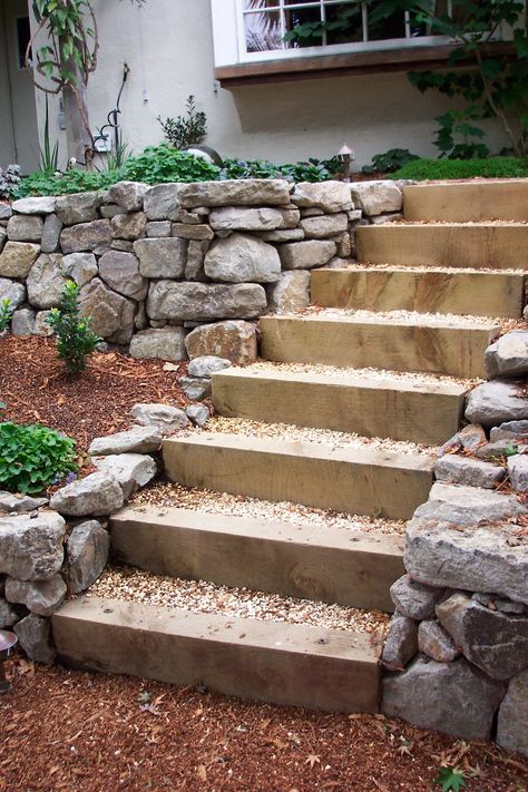 Gravel Stairs, Railroad Tie Steps, Stairs With Wood, Garden Slope, Cabin Stairs, Steep Gardens, Railroad Tie, Terraced Garden, Budget Landscaping