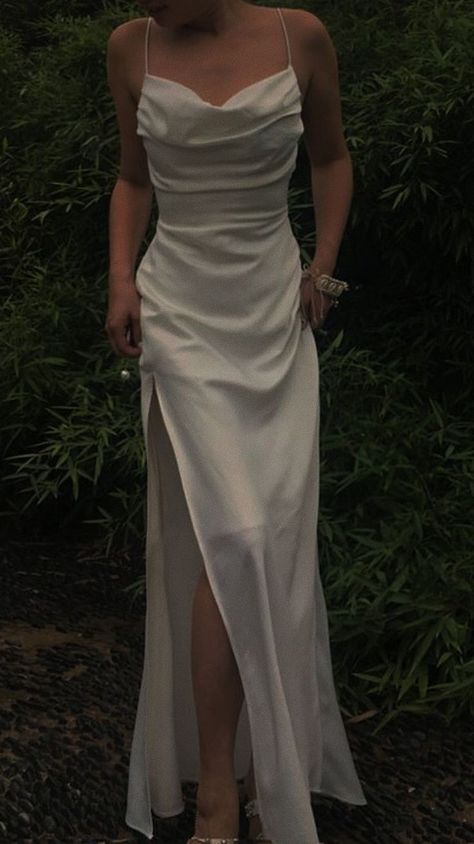 White Aesthetic Prom Dress, White Prom Dresses Aesthetic, Neutral Prom Dress, 90s Prom Dress White, Long White Silk Dress Aesthetic, White Fitted Princesscore Dress, Blanco Aesthetic, Short Satin Dress, Cute Formal Dresses