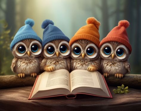 Delve into the enchanting world of adventure and imagination with four adorable baby owls as they discover the magic of reading amidst the tranquil forest setting. 📚🌳 Let their curiosity and wonder inspire you to explore new realms of fantasy and whimsy. Pin now for a touch of woodland charm and literary delight on your Pinterest boards! #Forest #Owls #Reading #Adventure #Nature #Whimsical #Enchantment #Imagination #Serenity #LiteraryAdventure" Lost In Books, Forest Setting, Cute Owls Wallpaper, Owl Photography, Whimsical Owl, Owl Wallpaper, Animal Illustration Art, Reading Adventure, Adventure Nature