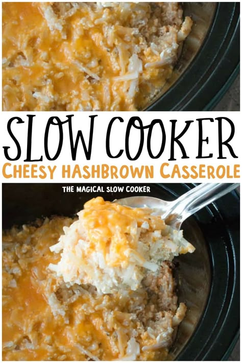 Perfect side dish to for any occasion. Cheesy Hash Brown Casserole made in the slow cooker. Filled with sour cream and cheese and cooked to perfection. - The Magical Slow Cooker Crockpot Hashbrowns, Burger Vegetarian, Easy Hashbrowns, Breakfast Crockpot Recipes, Hashbrown Casserole, Easy Crockpot Dinners, Crockpot Breakfast, Comfort Food Recipes Dinners, Mood Food