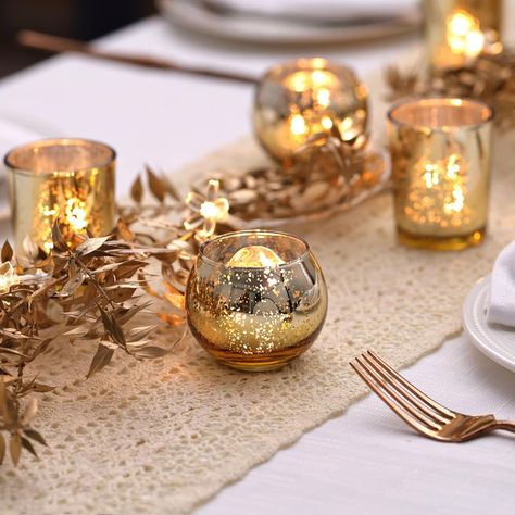 These elegant bowl-shaped gold votive candle holders are perfectly sized for regular tea light candles.With a height and diameter of 2 inches each, they are perfect for any celebration. Gold Votive Candle Holders, Gold Votive Candles, Mercury Glass Candle Holders, Glass Tealight Candle Holders, Mercury Glass Votives, Glass Votive Candle Holders, Glass Votive Holders, Candle Table, Tea Candles