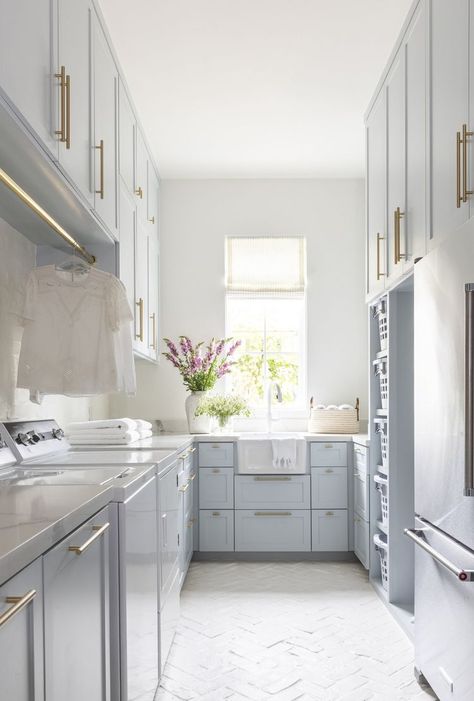 Decorating With Blue, Marble Top Kitchen Island, Transitional Laundry Room, Perfect Laundry Room, Blue Laundry Rooms, Marie Flanigan, Light Gray Cabinets, Laundry Room Renovation, Laundry Room Shelves